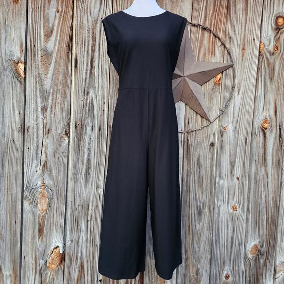 Sleeveless Belted Jumpsuit Eileen Fisher Sz L Black Stretch Crepe Crop Wide Leg - Picture 2 of 10